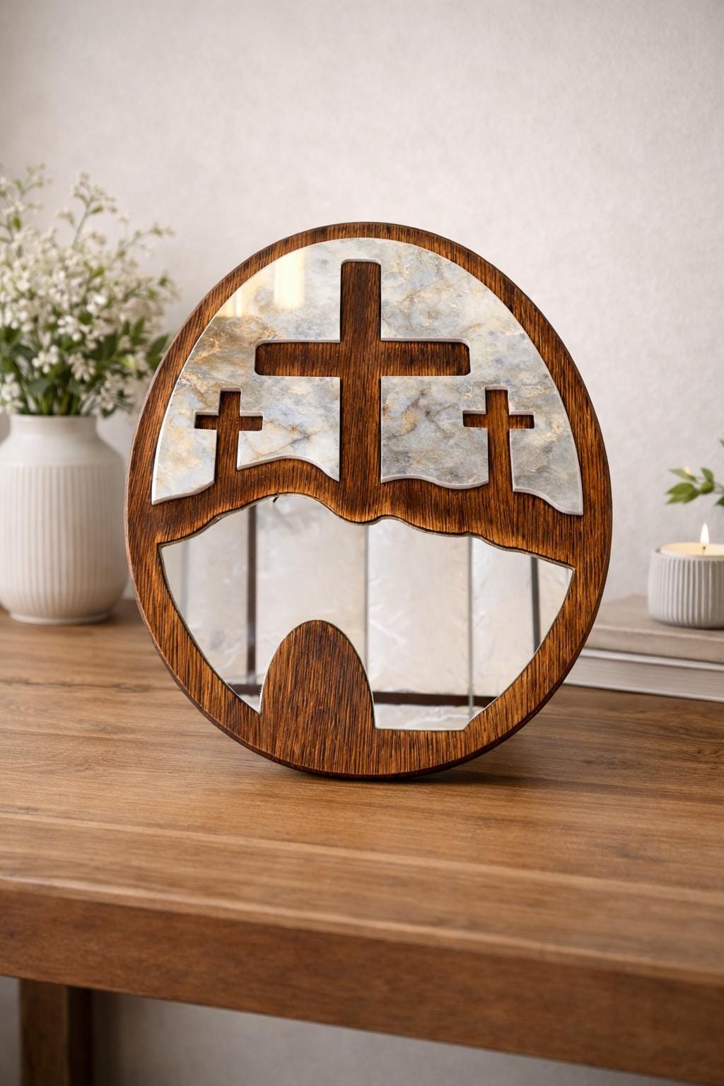 Wood, Mirror & Stone Oval 3 Cross Handmade Decorative Piece