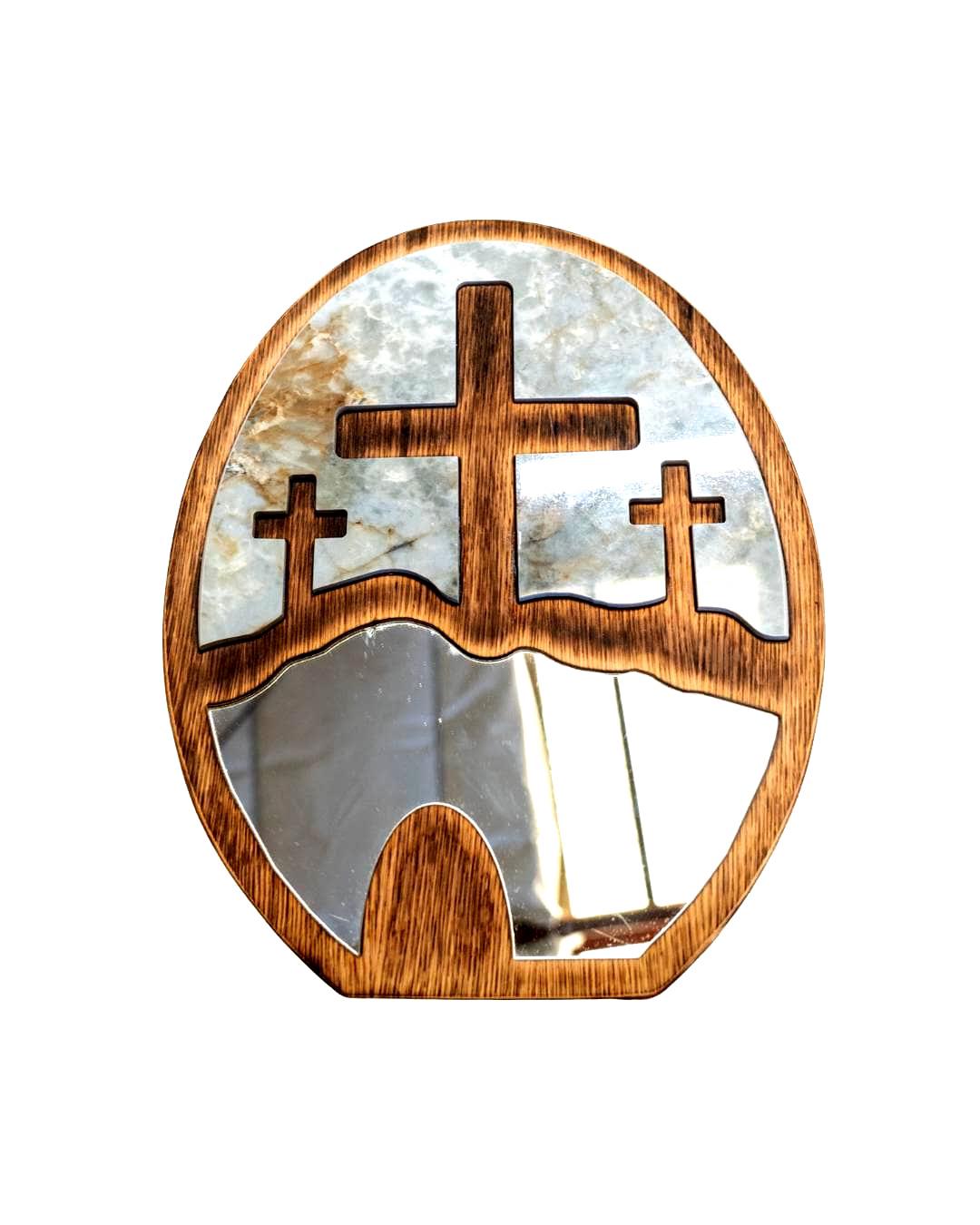 Wood, Mirror & Stone Oval 3 Cross Handmade Decorative Piece
