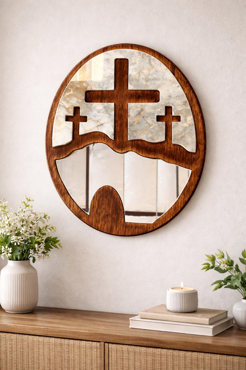 Wood, Mirror & Stone Oval 3 Cross Handmade Decorative Piece