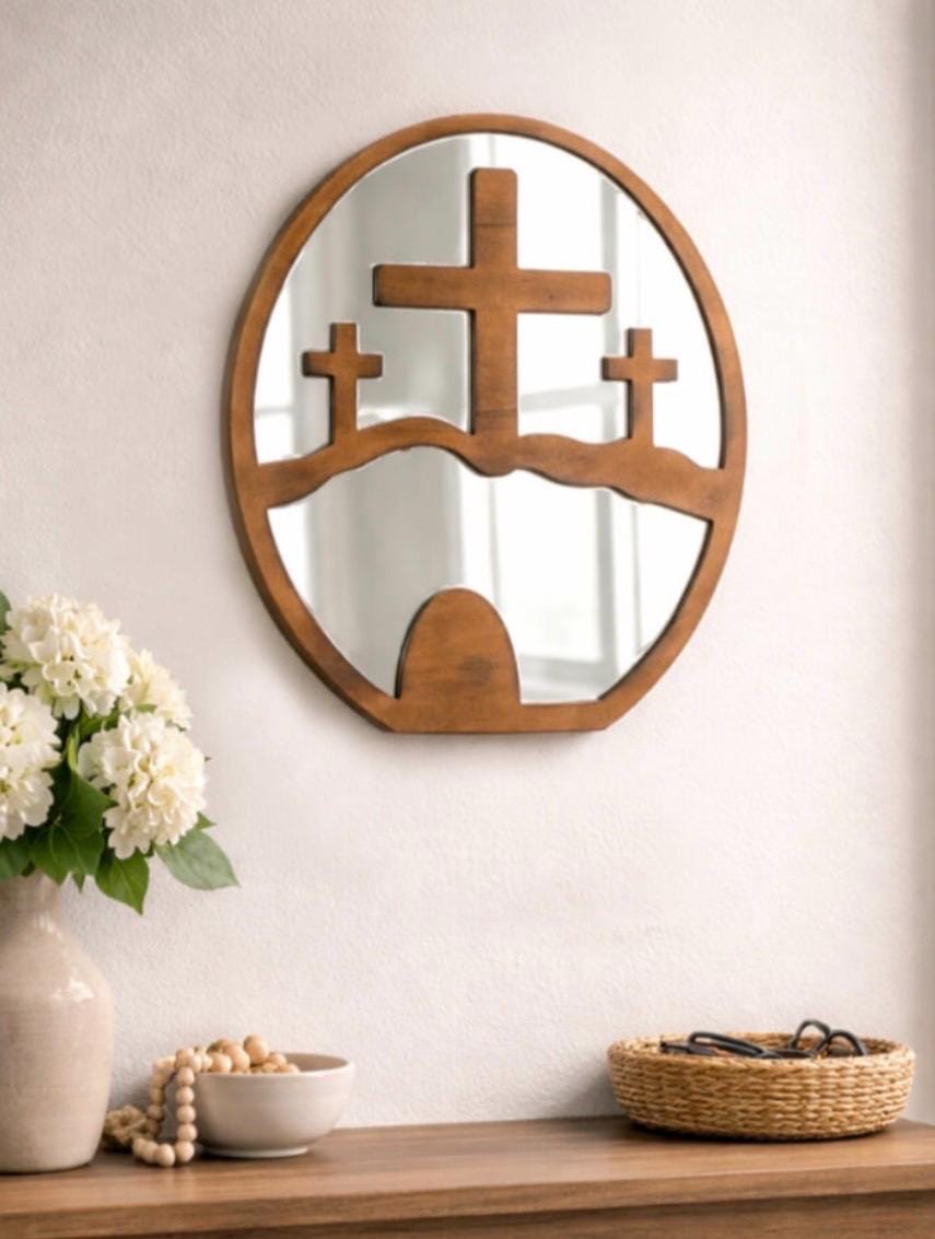 Wood & Mirror Oval 3 Cross Handmade Decorative Piece