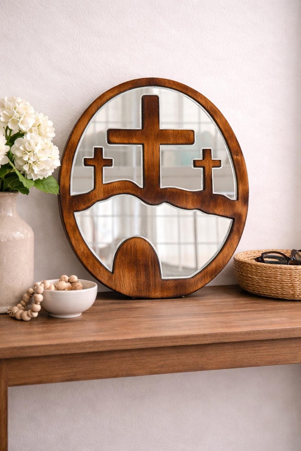 Wood & Mirror Oval 3 Cross Handmade Decorative Piece